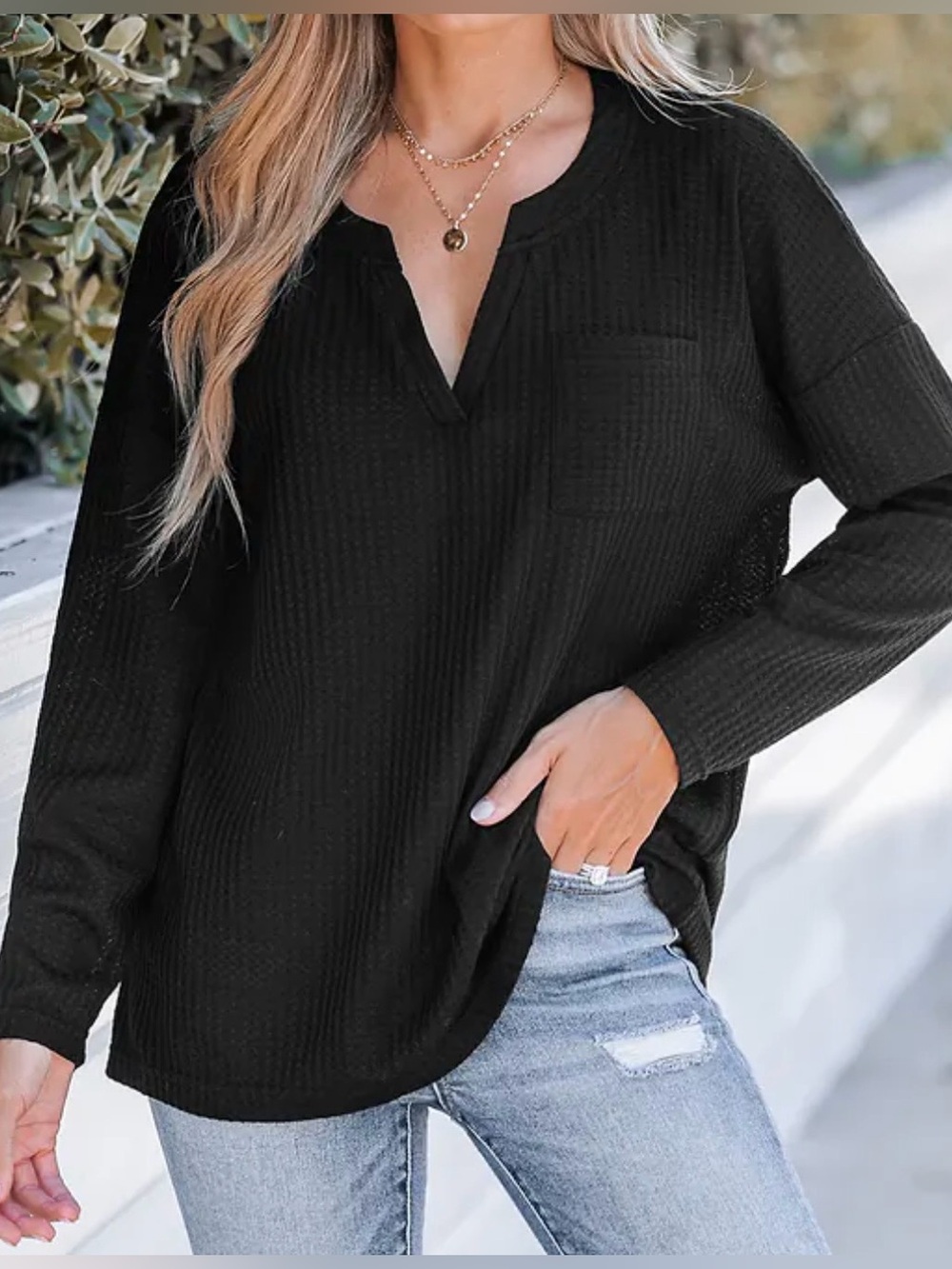 Cupshe Black Waffle Knit V-Neck Long Sleeve Top Size XL